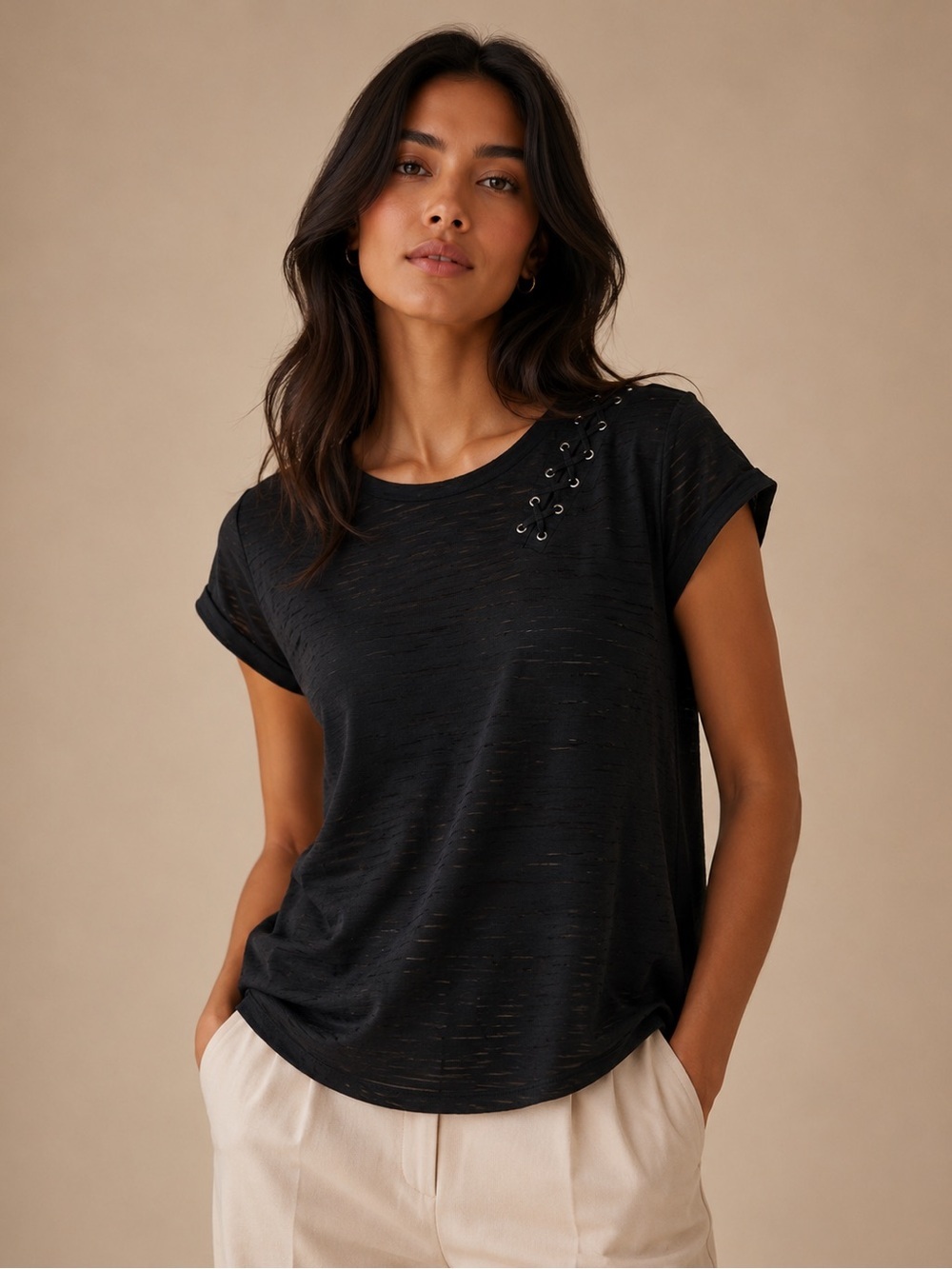 New Directions Black Sheer Stripe Lace-Up Top Women’s Large